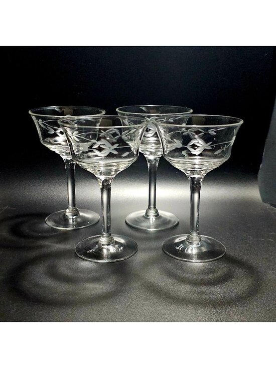 Unknown Other - 4 Deco Rose Champagne Coupe 5.5" glasses etched cocktail romantic elegance